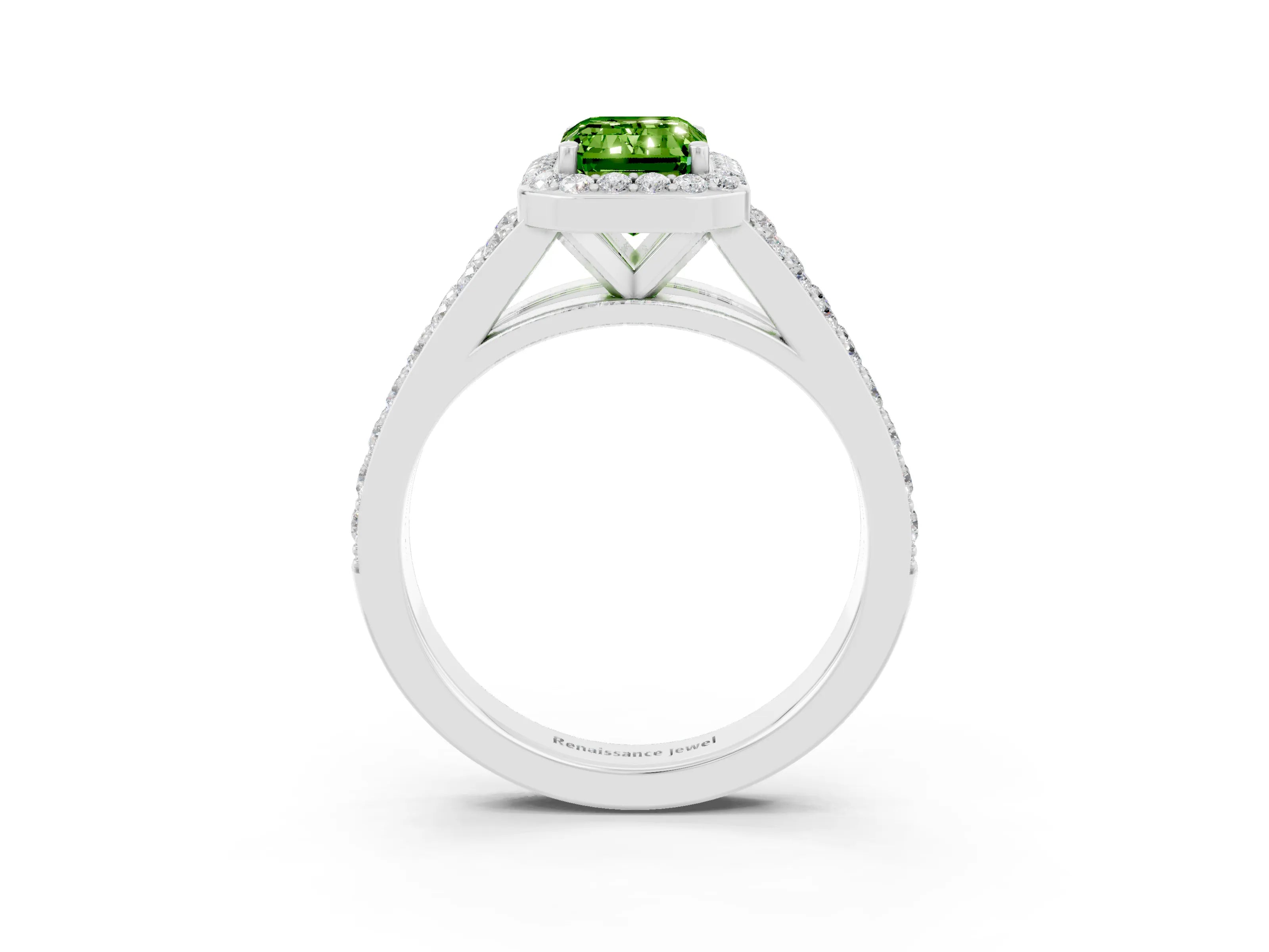 White gold Emerald Cut Peridot Split Shank Halo Ring with Four-Prong Setting_15