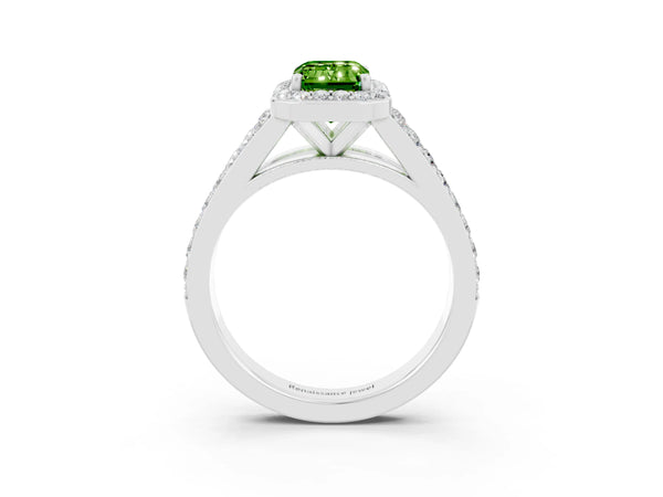 Silver Emerald Cut Peridot Split Shank Halo Ring with Four-Prong Setting