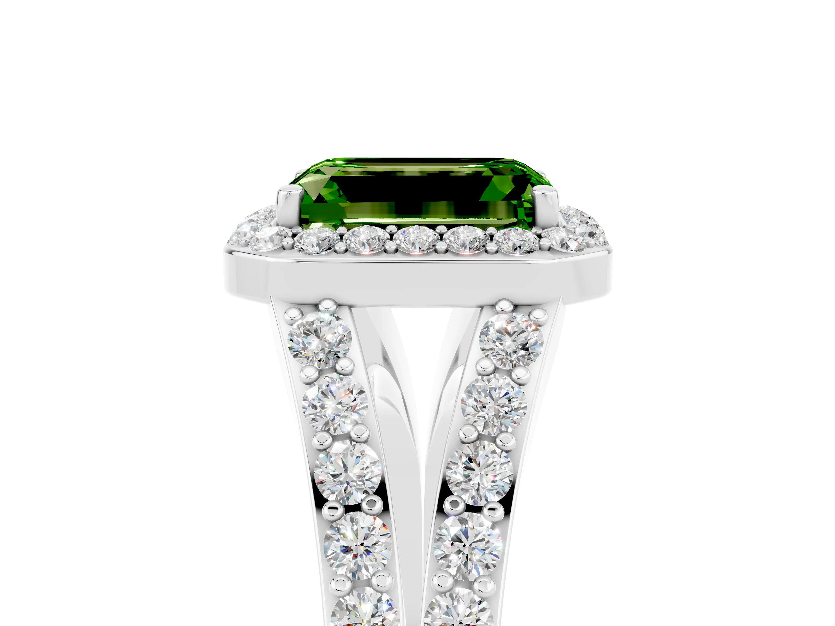 White gold Emerald Cut Peridot Split Shank Halo Ring with Four-Prong Setting_17