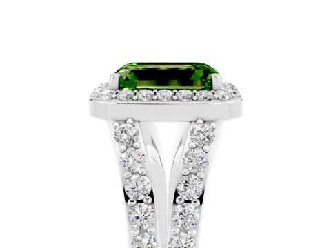 White gold Emerald Cut Peridot Split Shank Halo Ring with Four-Prong Setting_17
