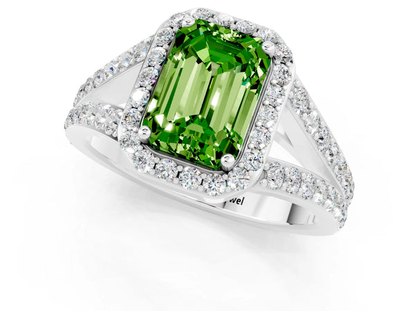 White gold Emerald Cut Peridot Split Shank Halo Ring with Four-Prong Setting