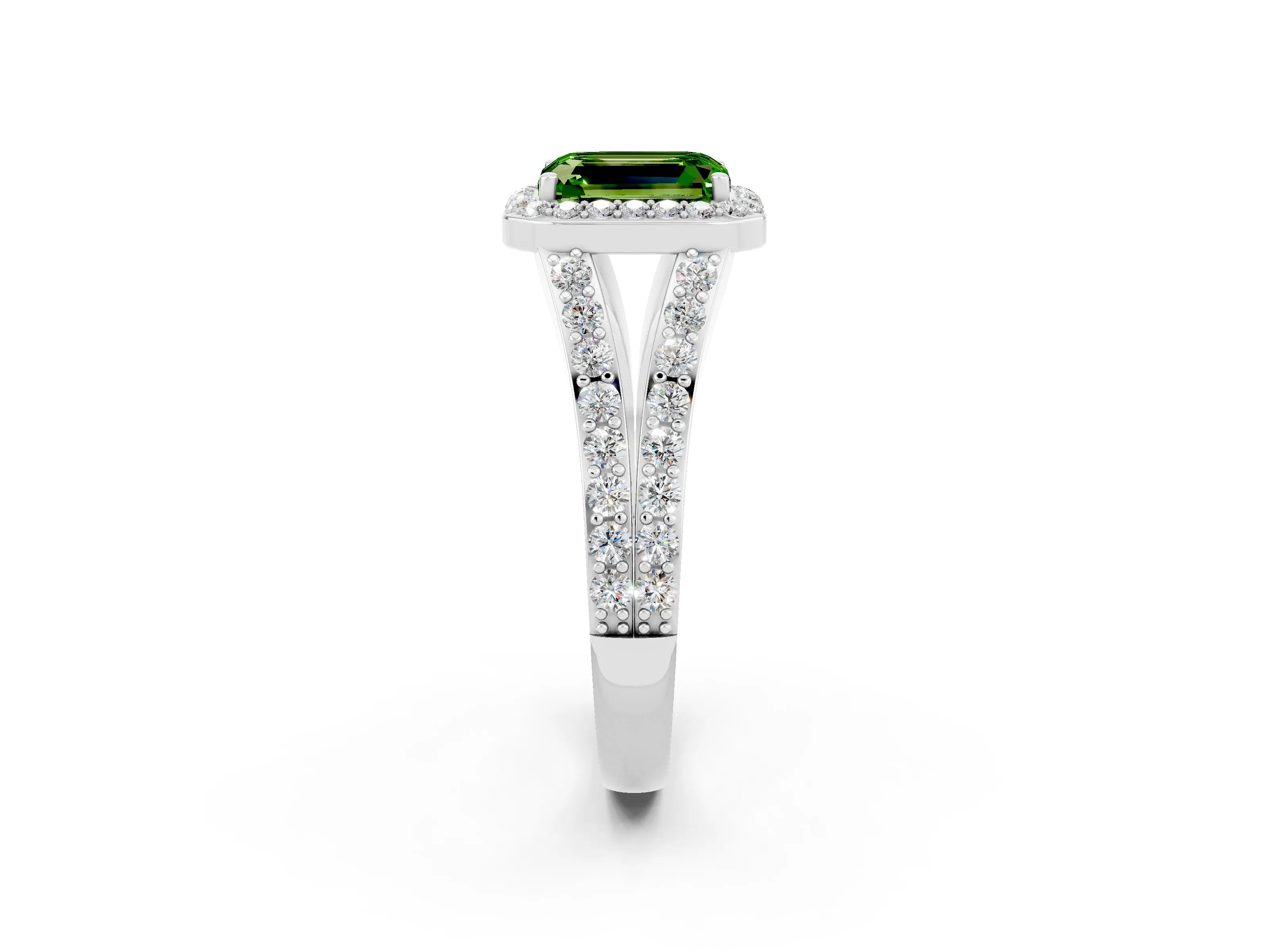 White gold Emerald Cut Peridot Split Shank Halo Ring with Four-Prong Setting_26