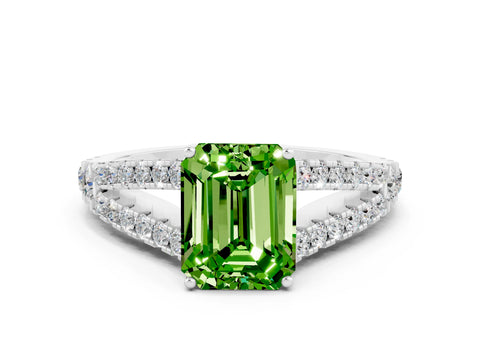 White gold Emerald Cut Peridot Split Shank Pavé Engagement Ring with Four-Prong Setting_12