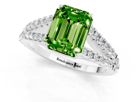 White gold Emerald Cut Peridot Split Shank Pavé Engagement Ring with Four-Prong Setting_13