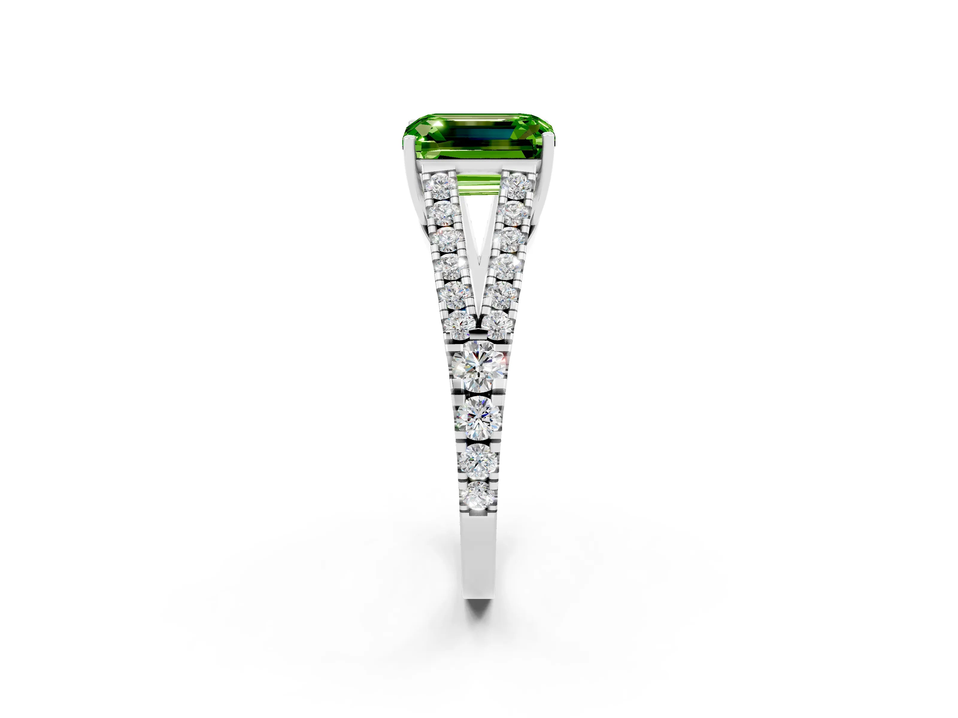White gold Emerald Cut Peridot Split Shank Pavé Engagement Ring with Four-Prong Setting_14