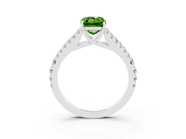 Platinum Emerald Cut Peridot Split Shank Pavé Engagement Ring with Four-Prong Setting