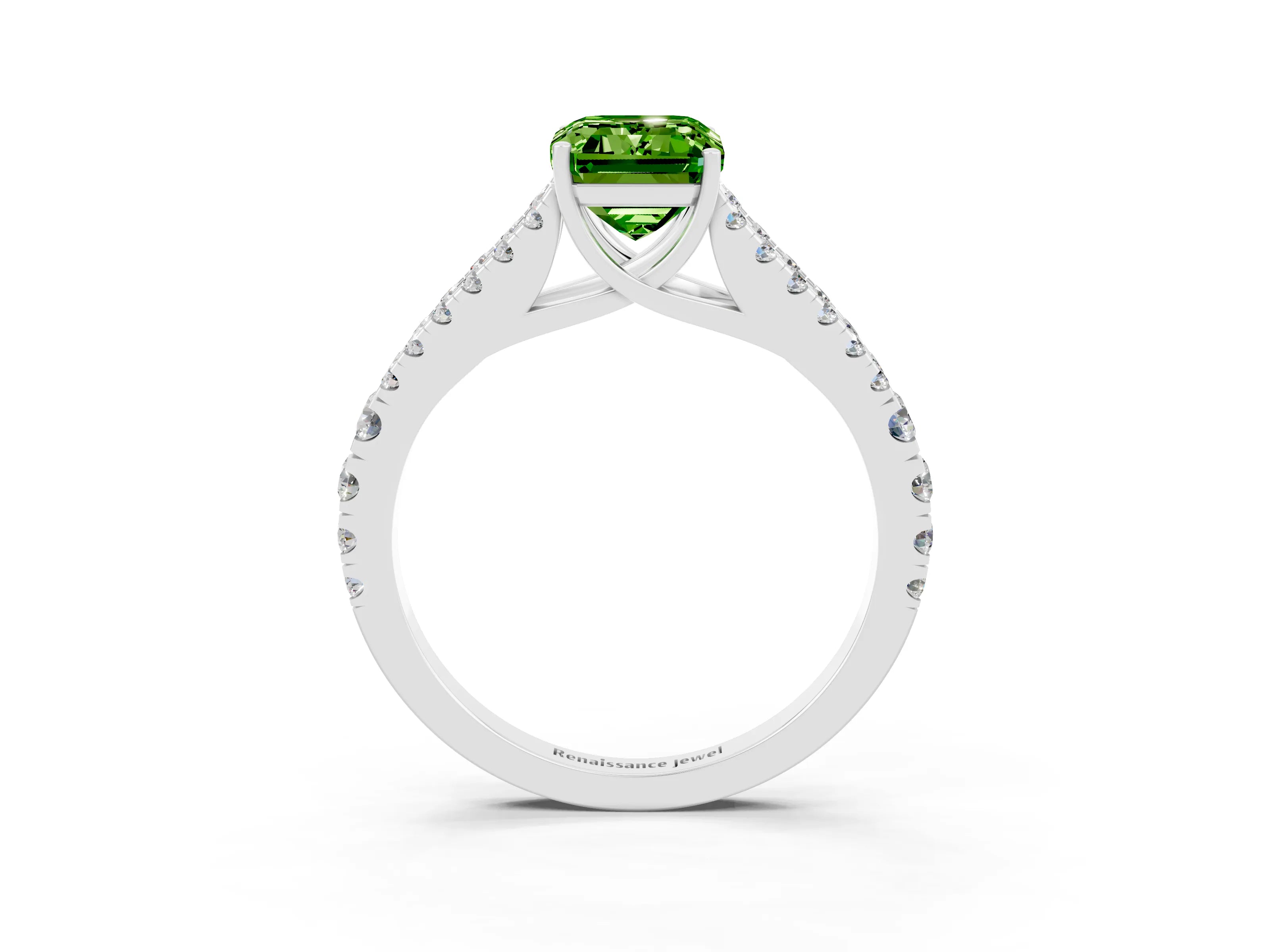 White gold Emerald Cut Peridot Split Shank Pavé Engagement Ring with Four-Prong Setting_15