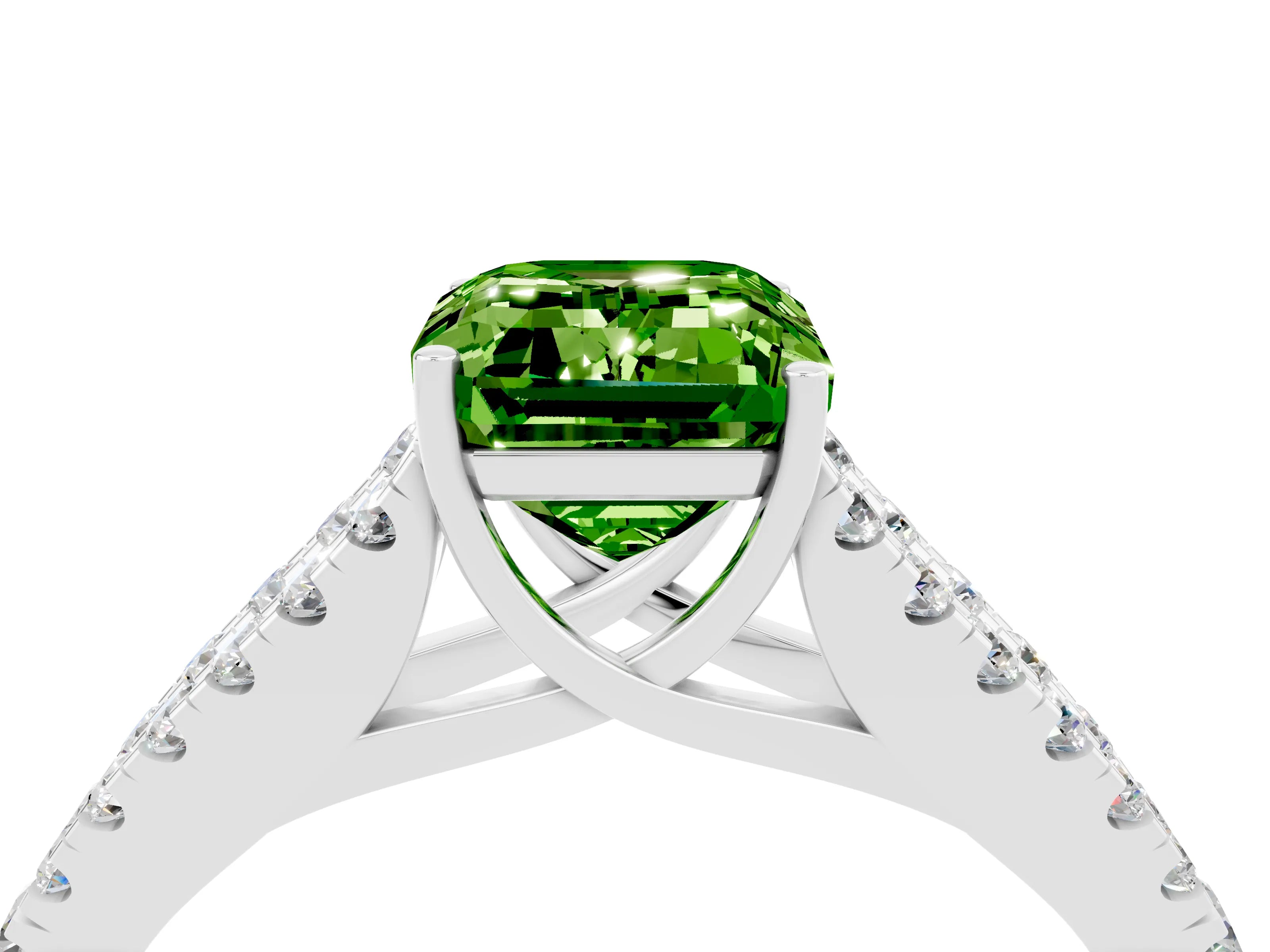 White gold Emerald Cut Peridot Split Shank Pavé Engagement Ring with Four-Prong Setting_16