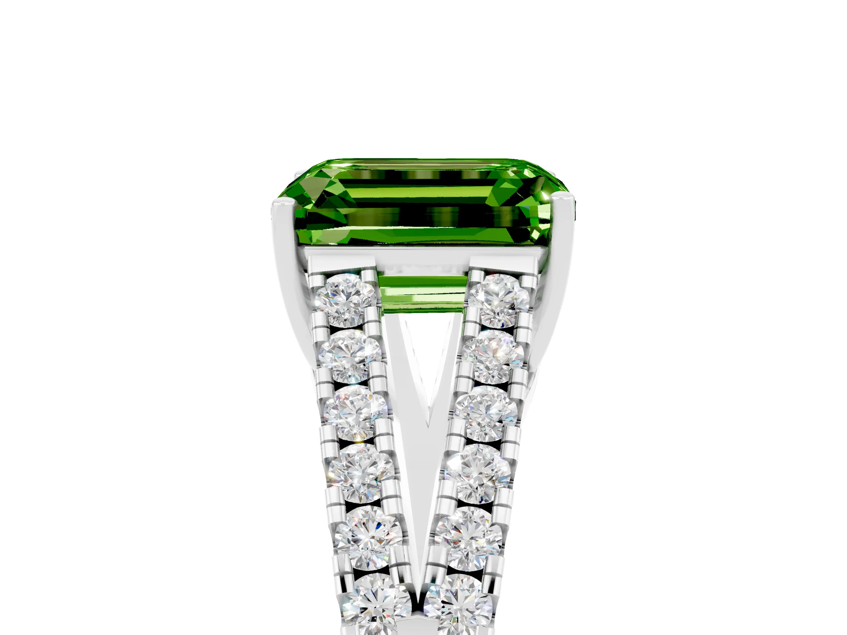 White gold Emerald Cut Peridot Split Shank Pavé Engagement Ring with Four-Prong Setting_17