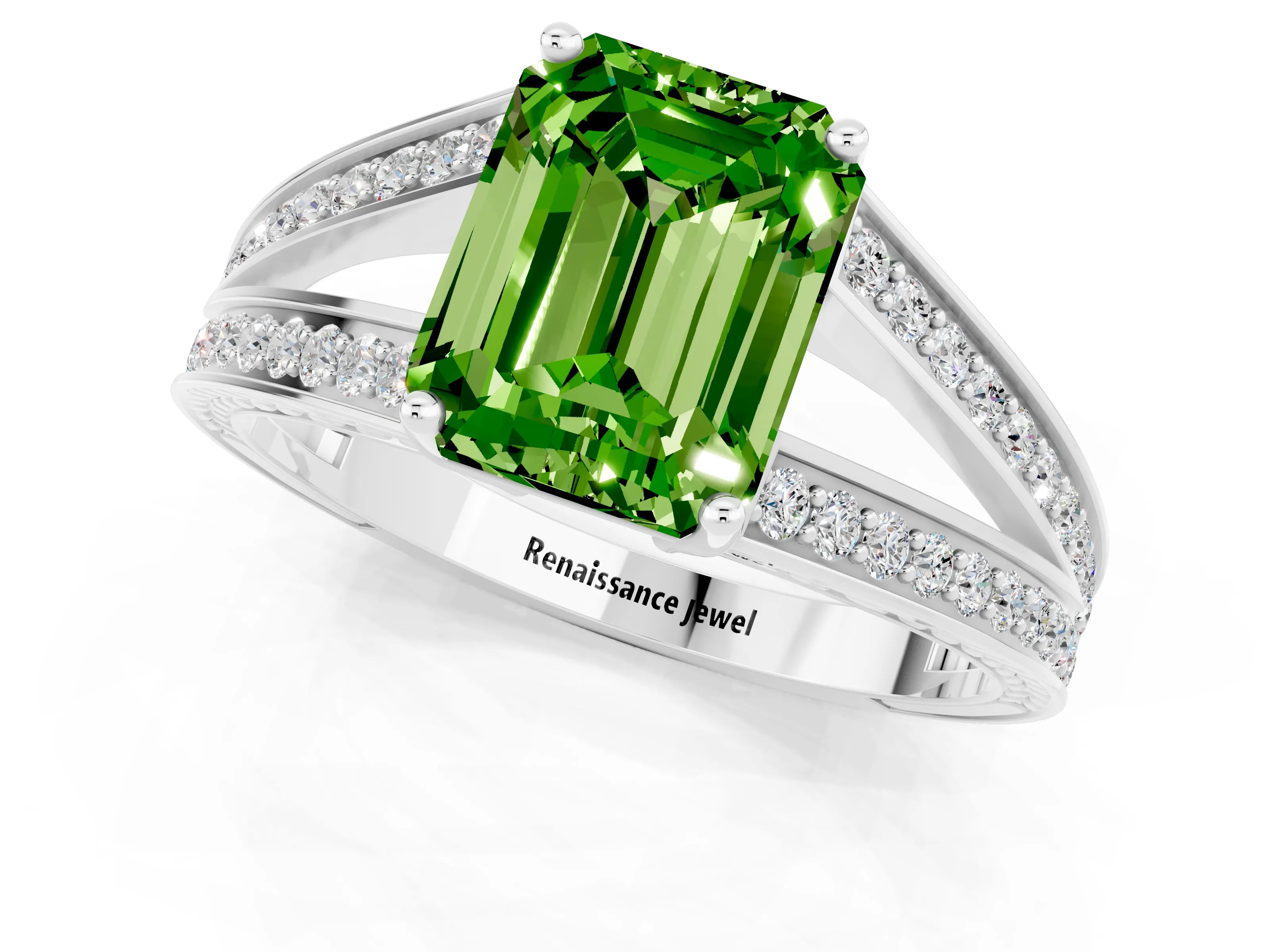 White gold Emerald Cut Peridot Split Shank Ring with Pavé Band and Four-Prong Setting_1