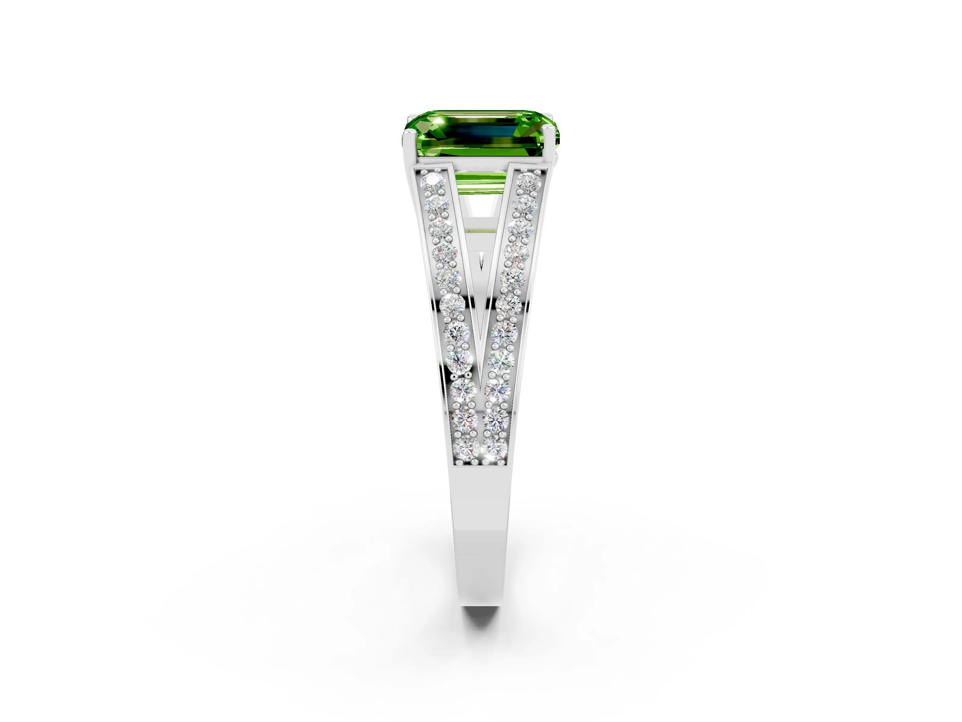 White gold Emerald Cut Peridot Split Shank Ring with Pavé Band and Four-Prong Setting_2