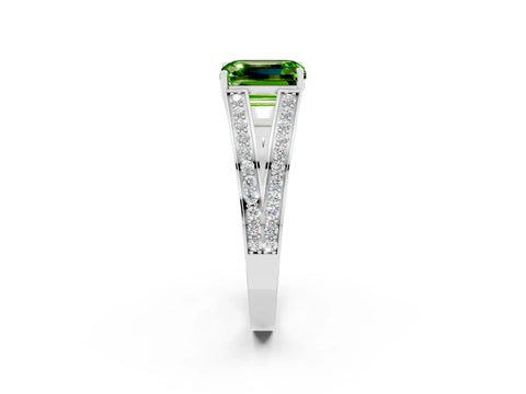 White gold Emerald Cut Peridot Split Shank Ring with Pavé Band and Four-Prong Setting_2