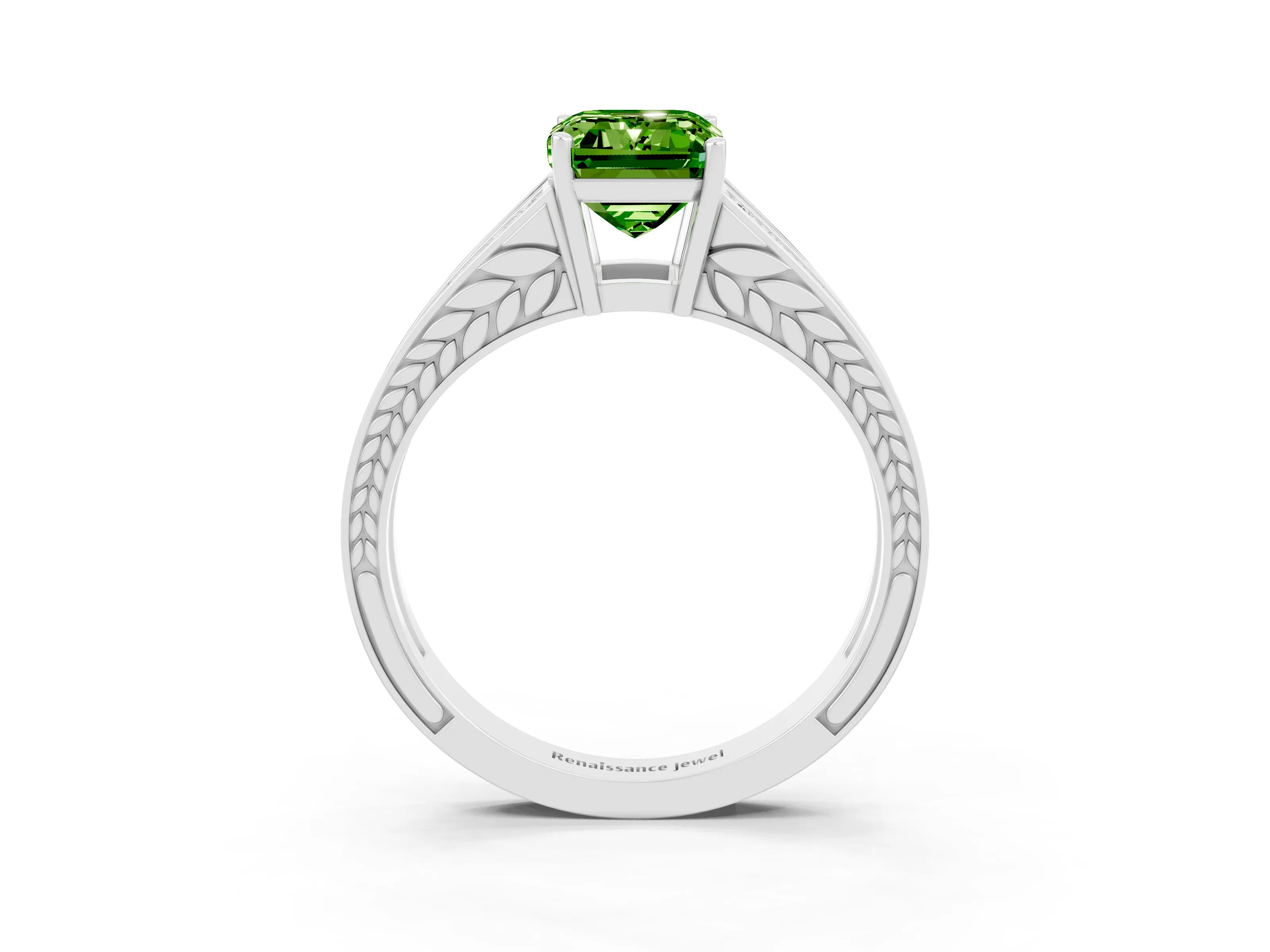 White gold Emerald Cut Peridot Split Shank Ring with Pavé Band and Four-Prong Setting_3