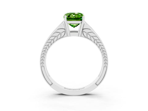 White gold Emerald Cut Peridot Split Shank Ring with Pavé Band and Four-Prong Setting_3
