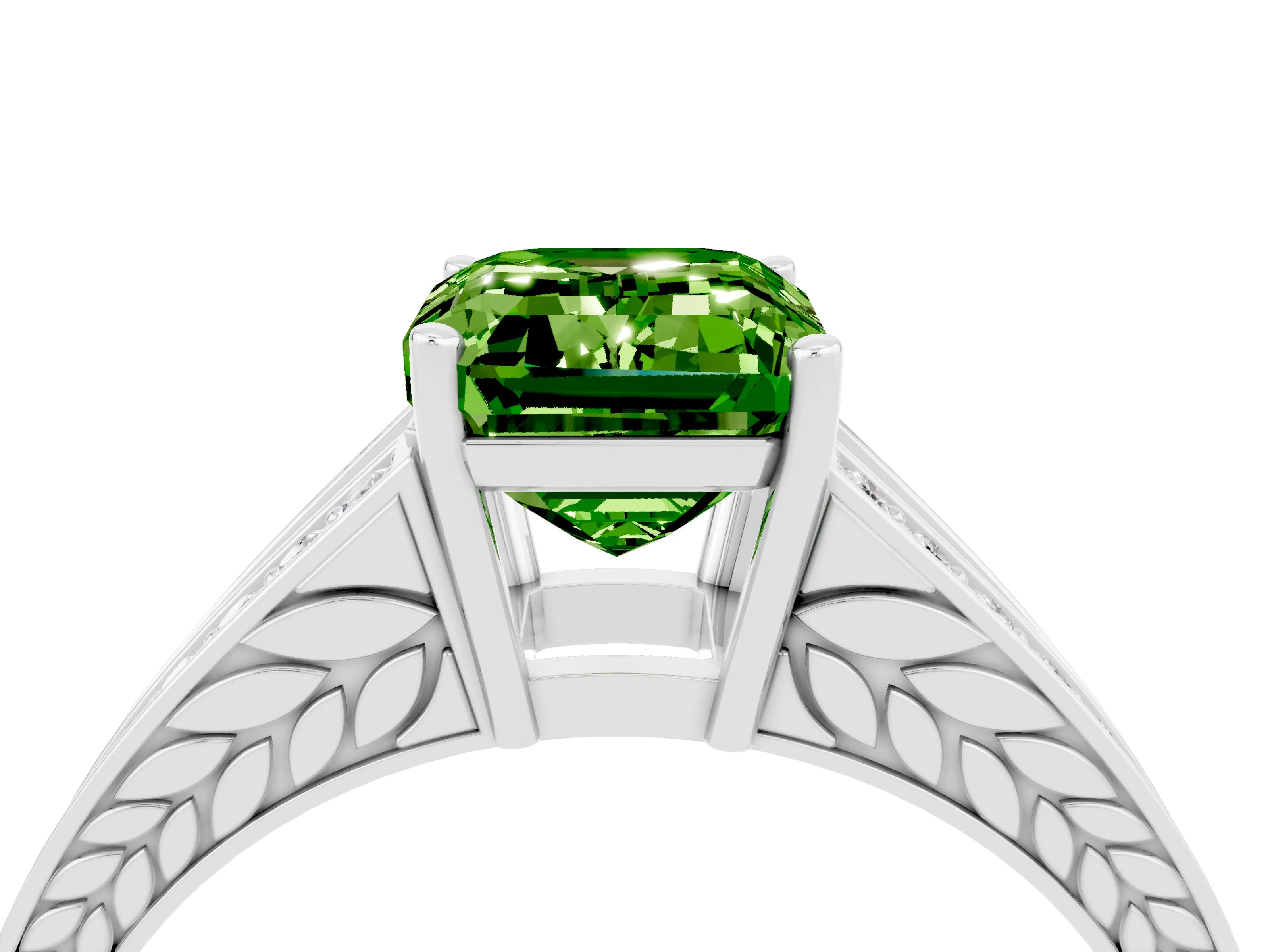 White gold Emerald Cut Peridot Split Shank Ring with Pavé Band and Four-Prong Setting_4