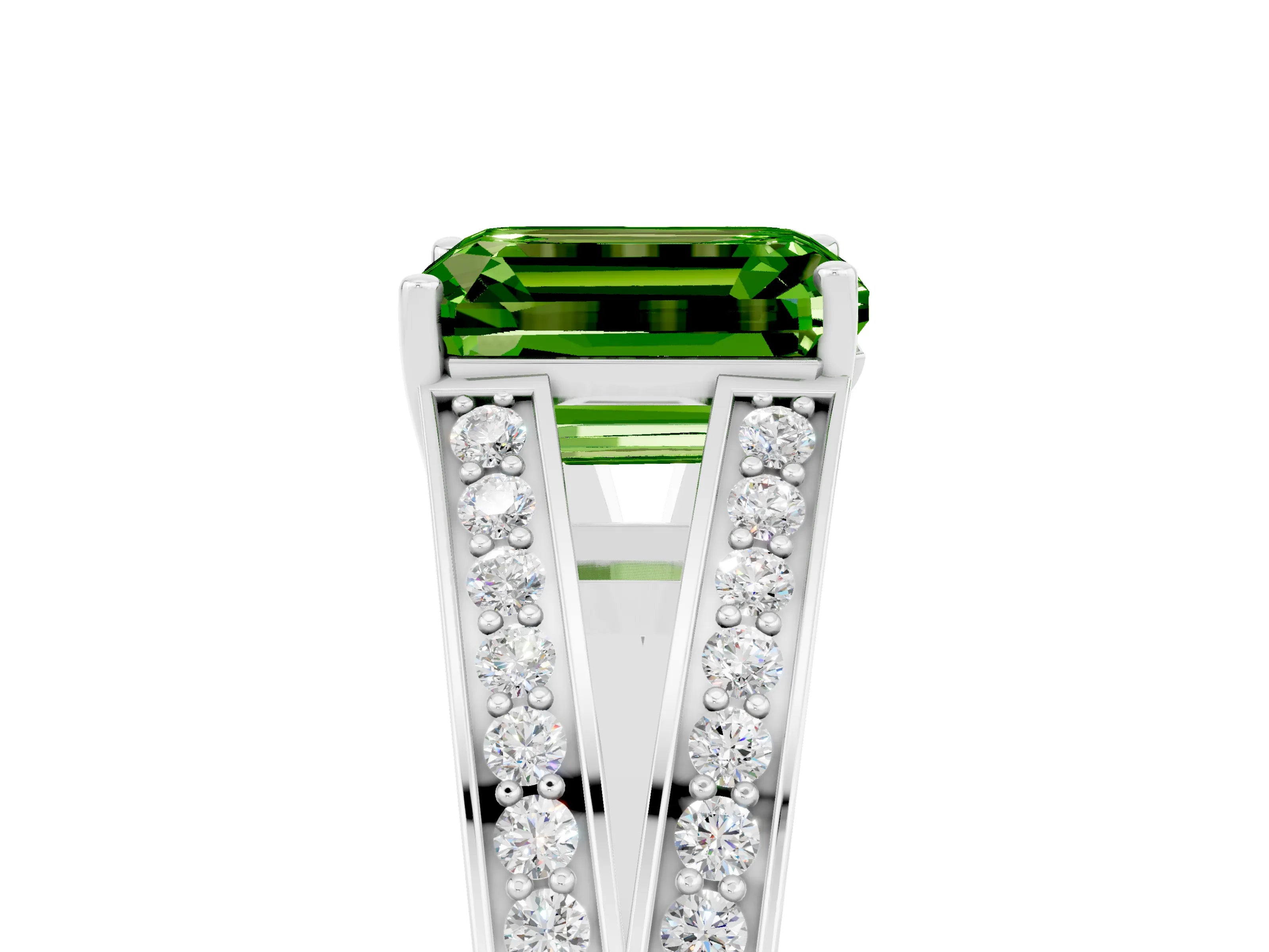 White gold Emerald Cut Peridot Split Shank Ring with Pavé Band and Four-Prong Setting_5