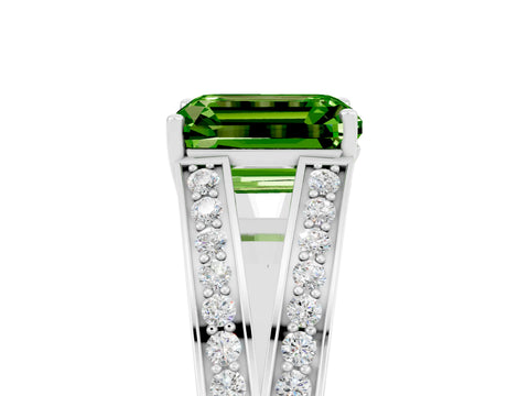 White gold Emerald Cut Peridot Split Shank Ring with Pavé Band and Four-Prong Setting_5