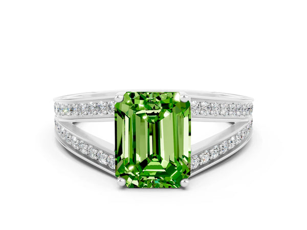 White gold Emerald Cut Peridot Split Shank Ring with Pavé Band and Four-Prong Setting