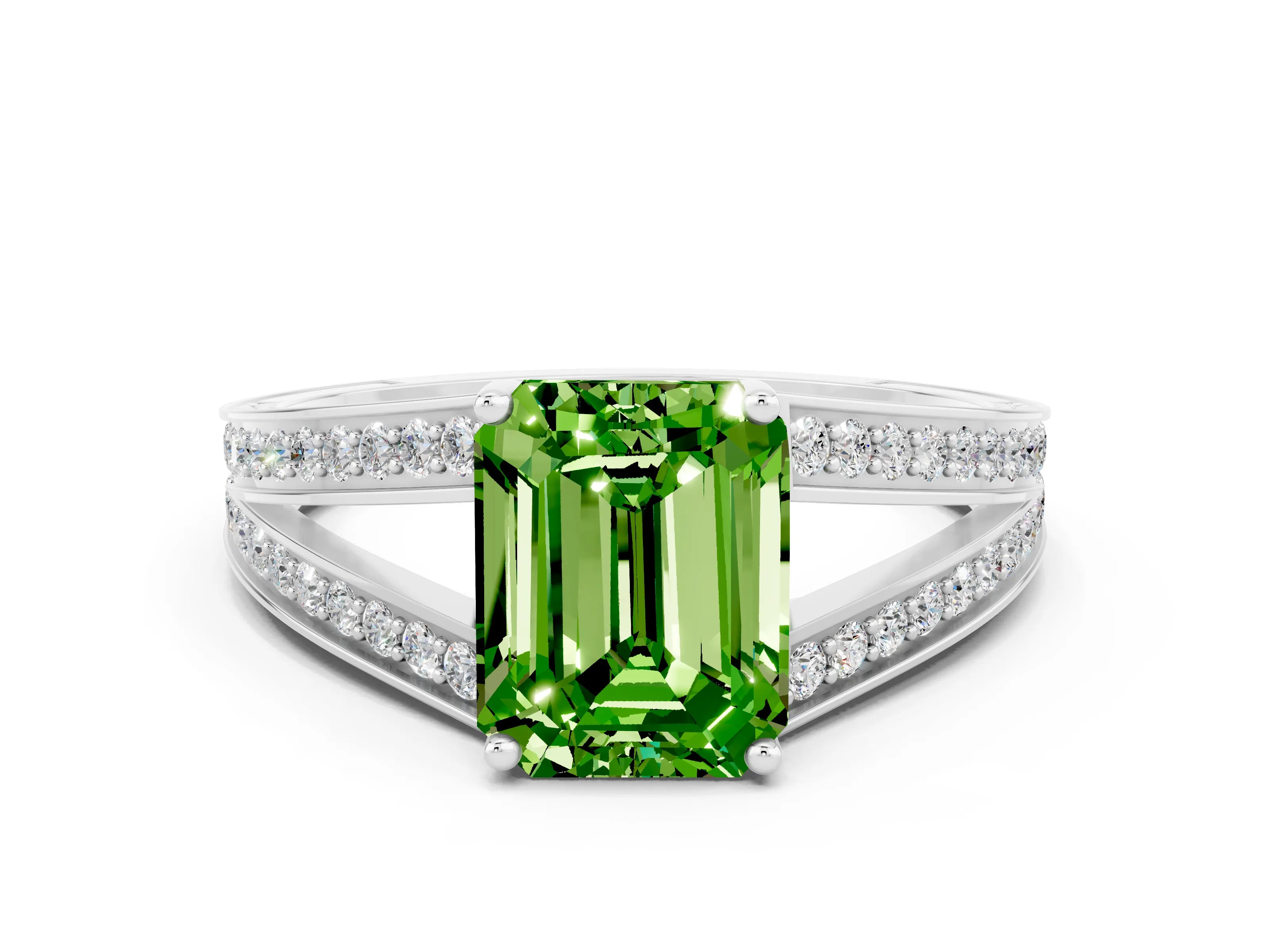 White gold Emerald Cut Peridot Split Shank Ring with Pavé Band and Four-Prong Setting