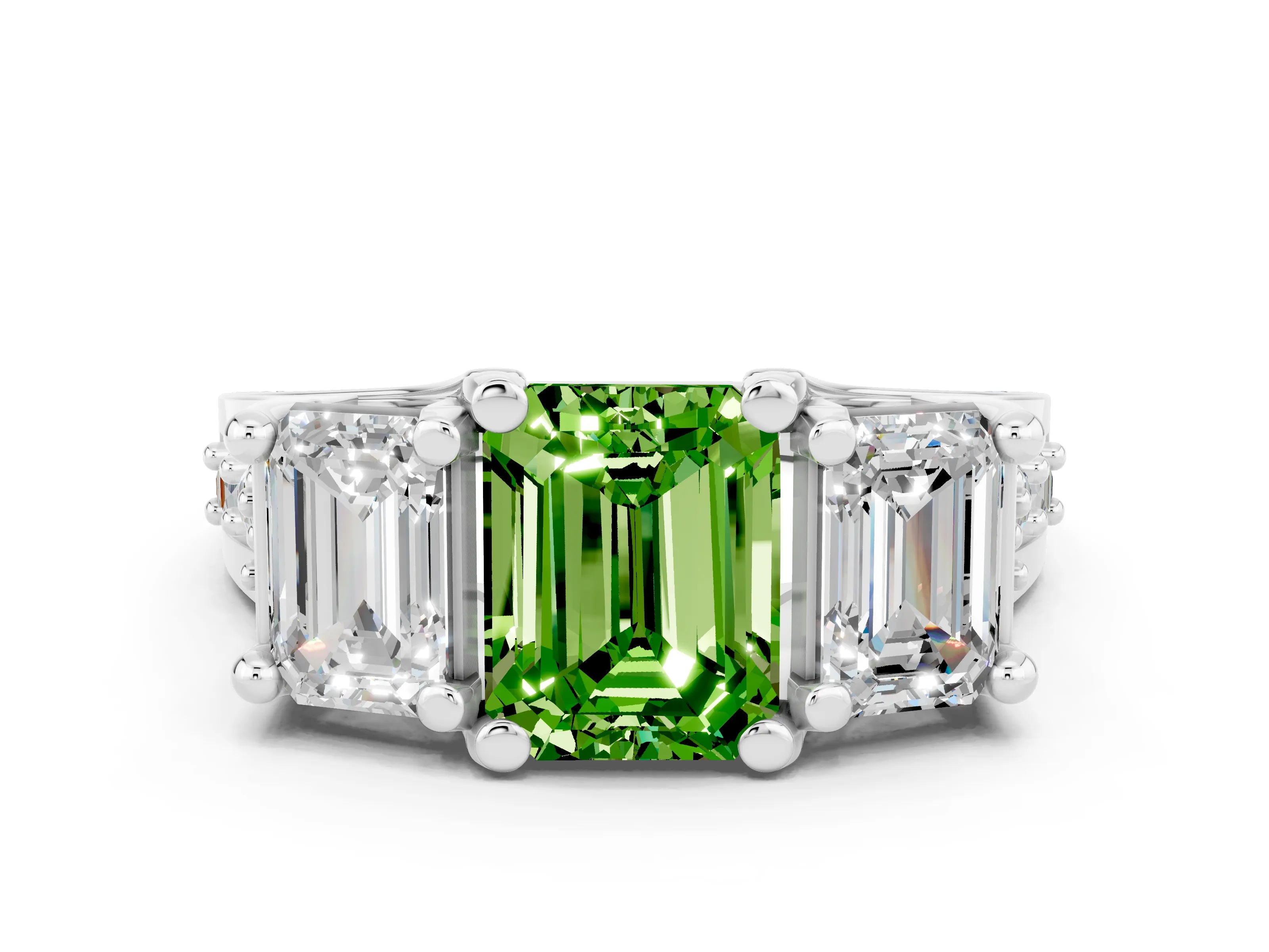 White gold Emerald Cut Peridot Three-Stone Ring with Channel Set Band and Four-Prong Setting