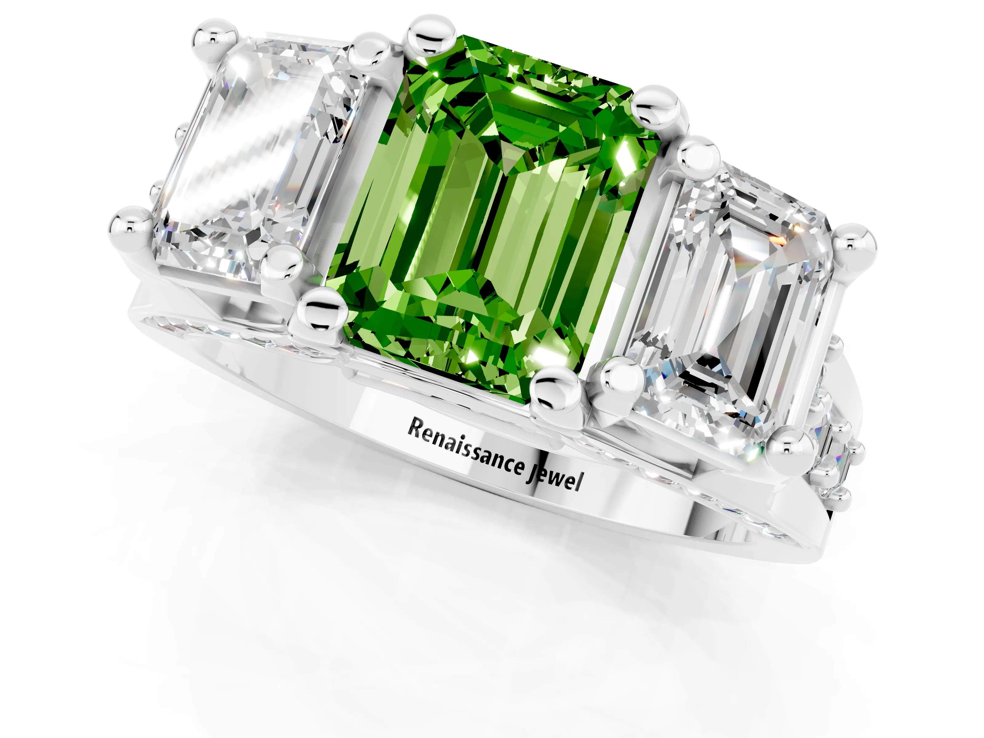 White gold Emerald Cut Peridot Three-Stone Ring with Channel Set Band and Four-Prong Setting_1