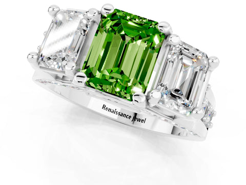 White gold Emerald Cut Peridot Three-Stone Ring with Channel Set Band and Four-Prong Setting_1