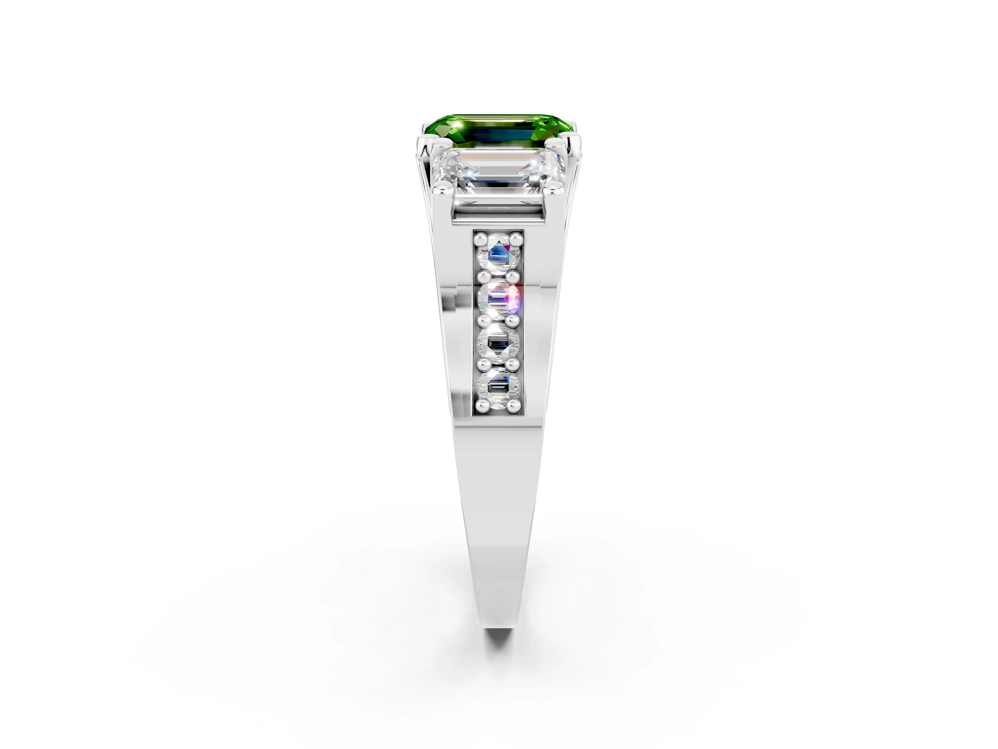 White gold Emerald Cut Peridot Three-Stone Ring with Channel Set Band and Four-Prong Setting_2