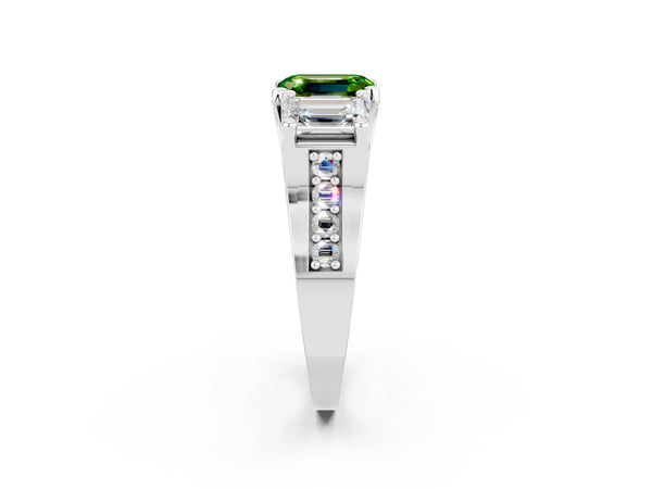 Silver Emerald Cut Peridot Three-Stone Ring with Channel Set Band and Four-Prong Setting