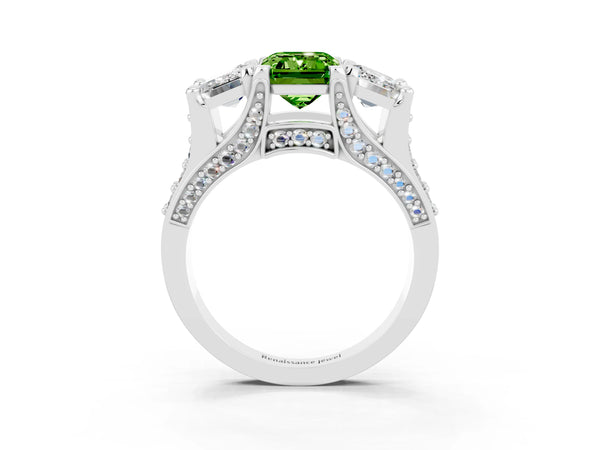 Silver Emerald Cut Peridot Three-Stone Ring with Channel Set Band and Four-Prong Setting