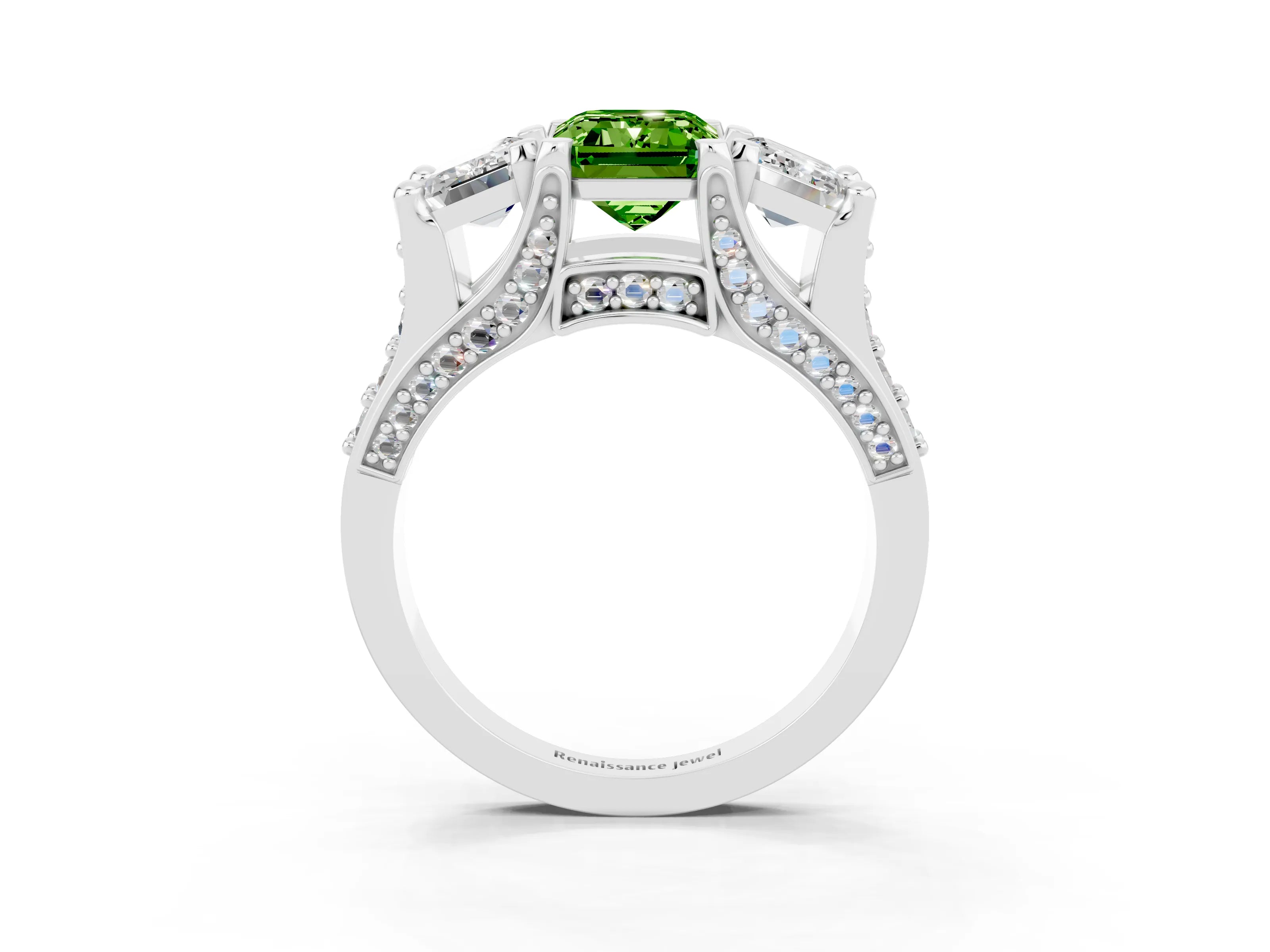 White gold Emerald Cut Peridot Three-Stone Ring with Channel Set Band and Four-Prong Setting_3