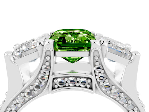 White gold Emerald Cut Peridot Three-Stone Ring with Channel Set Band and Four-Prong Setting_4