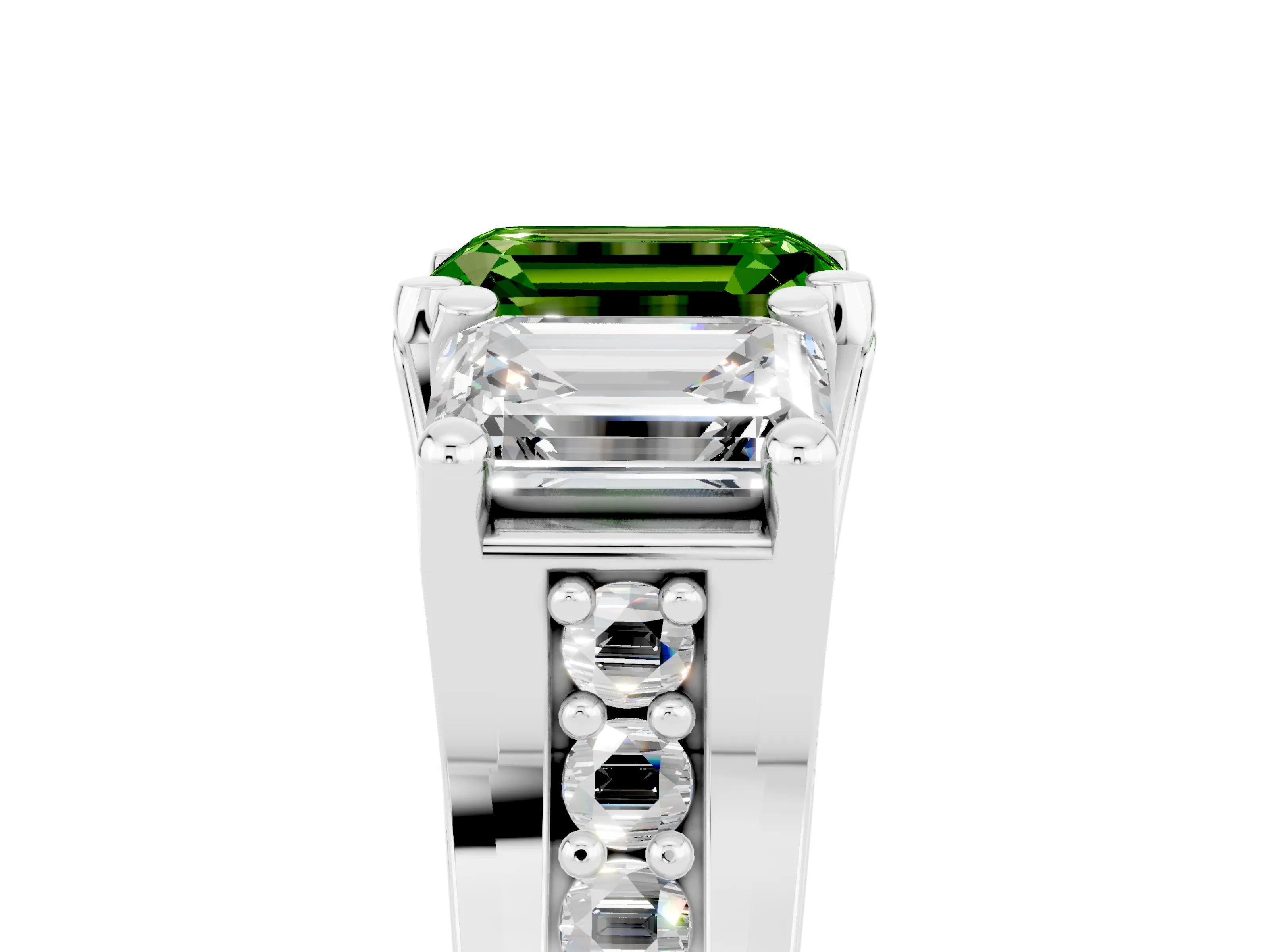 White gold Emerald Cut Peridot Three-Stone Ring with Channel Set Band and Four-Prong Setting_5