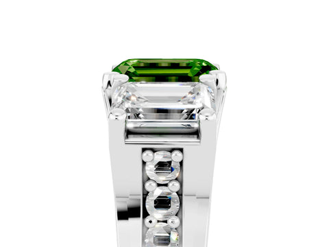 White gold Emerald Cut Peridot Three-Stone Ring with Channel Set Band and Four-Prong Setting_5
