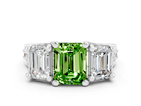 Silver Emerald Cut Peridot Three-Stone Ring with Channel Set Band and Four-Prong Setting