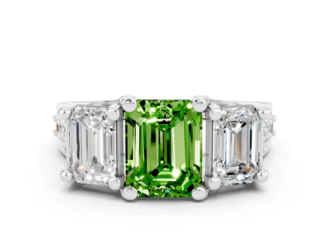 White gold Emerald Cut Peridot Three-Stone Ring with Channel Set Band and Four-Prong Setting