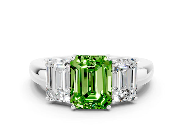 Platinum Emerald Cut Peridot Three-Stone Ring with Four-Prong Setting and Classic Band