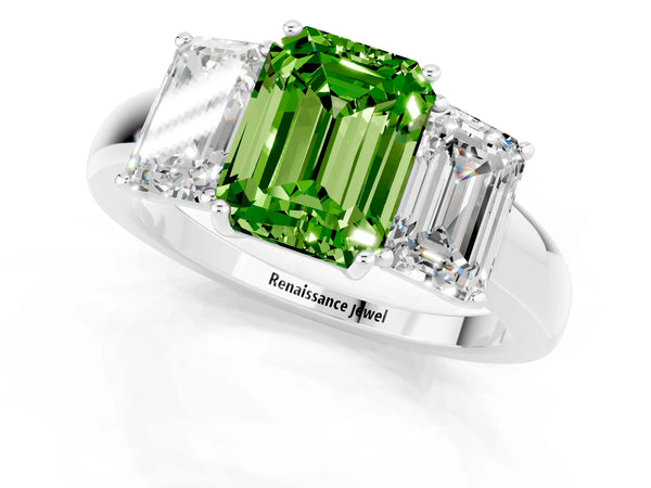Silver Emerald Cut Peridot Three-Stone Ring with Four-Prong Setting and Classic Band