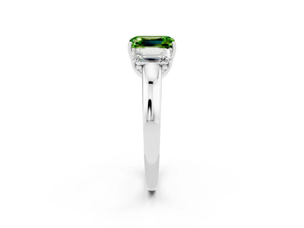 White gold Emerald Cut Peridot Three-Stone Ring with Four-Prong Setting and Classic Band