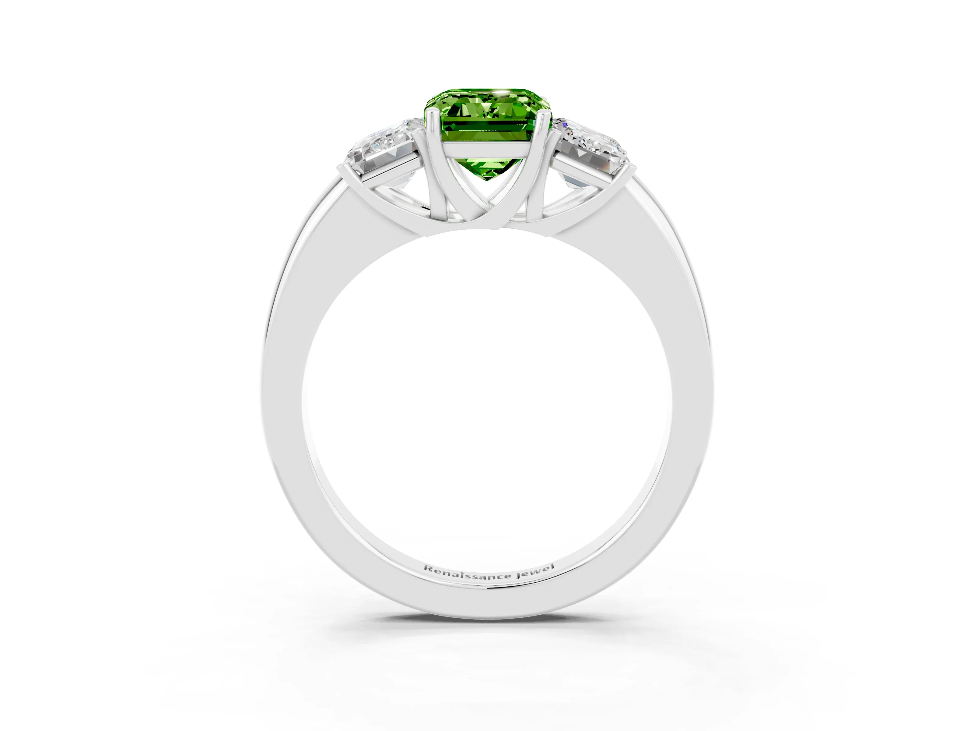 White gold Emerald Cut Peridot Three-Stone Ring with Four-Prong Setting and Classic Band_3