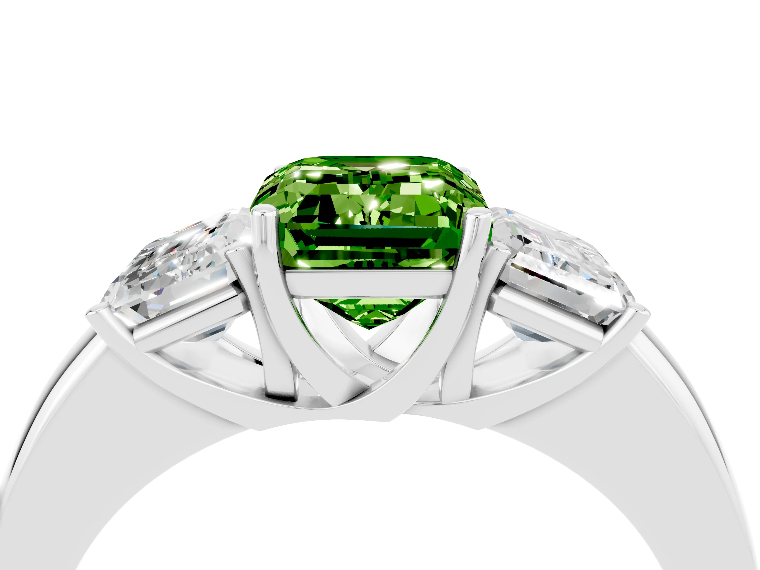 White gold Emerald Cut Peridot Three-Stone Ring with Four-Prong Setting and Classic Band_4