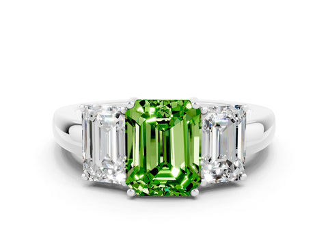 White gold Emerald Cut Peridot Three-Stone Ring with Four-Prong Setting and Classic Band