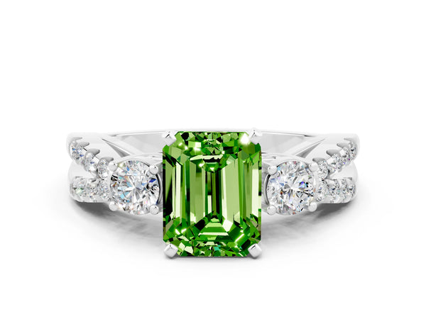 Platinum Emerald Cut Peridot Three-Stone Ring with Pavé Split Shank and Four-Prong Setting