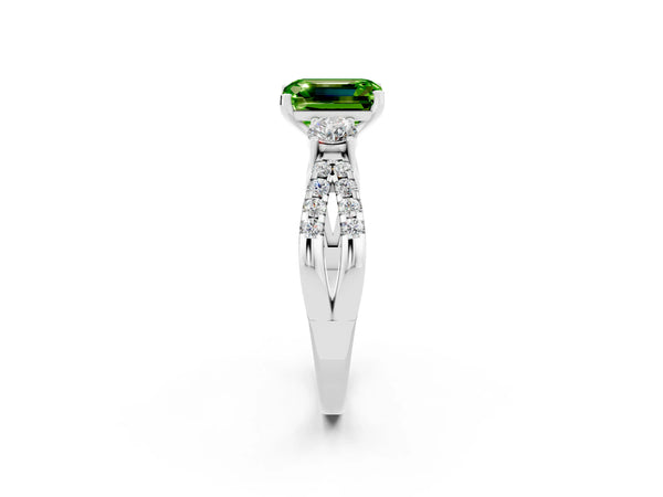 Platinum Emerald Cut Peridot Three-Stone Ring with Pavé Split Shank and Four-Prong Setting