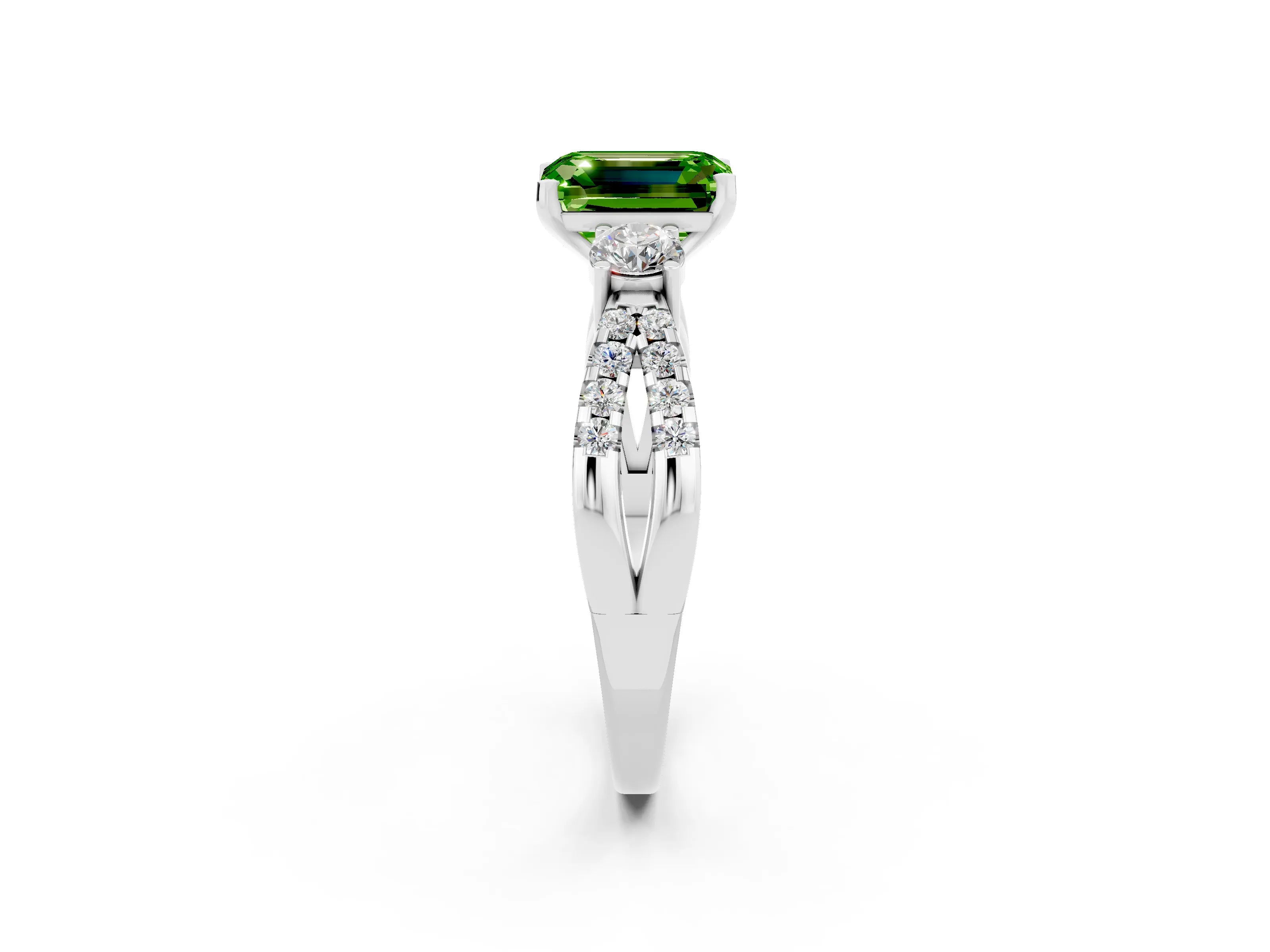 White gold Emerald Cut Peridot Three-Stone Ring with Pavé Split Shank and Four-Prong Setting_2