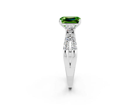 White gold Emerald Cut Peridot Three-Stone Ring with Pavé Split Shank and Four-Prong Setting_2