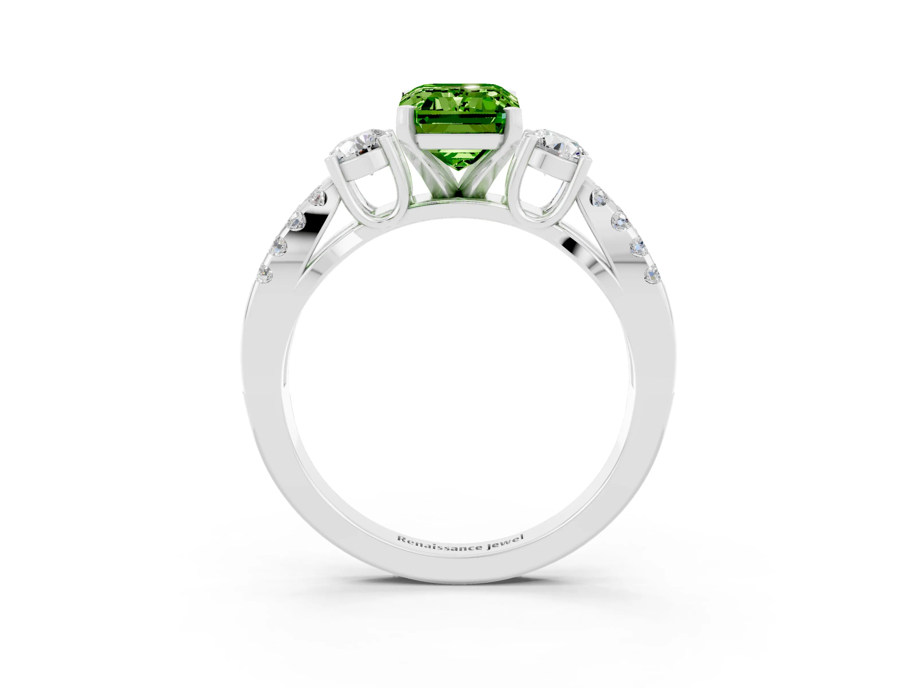White gold Emerald Cut Peridot Three-Stone Ring with Pavé Split Shank and Four-Prong Setting_3