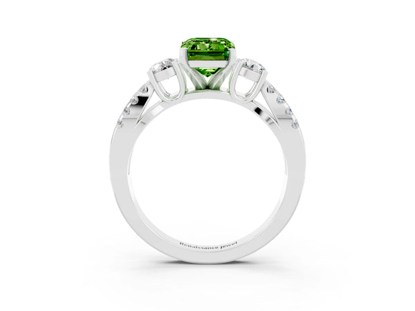 Silver Emerald Cut Peridot Three-Stone Ring with Pavé Split Shank and Four-Prong Setting