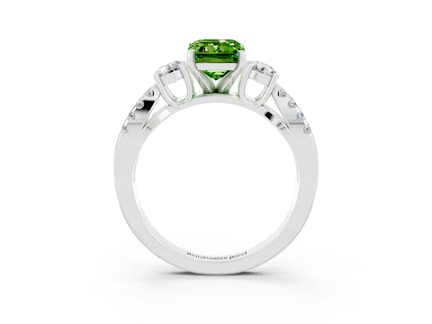 White gold Emerald Cut Peridot Three-Stone Ring with Pavé Split Shank and Four-Prong Setting_3