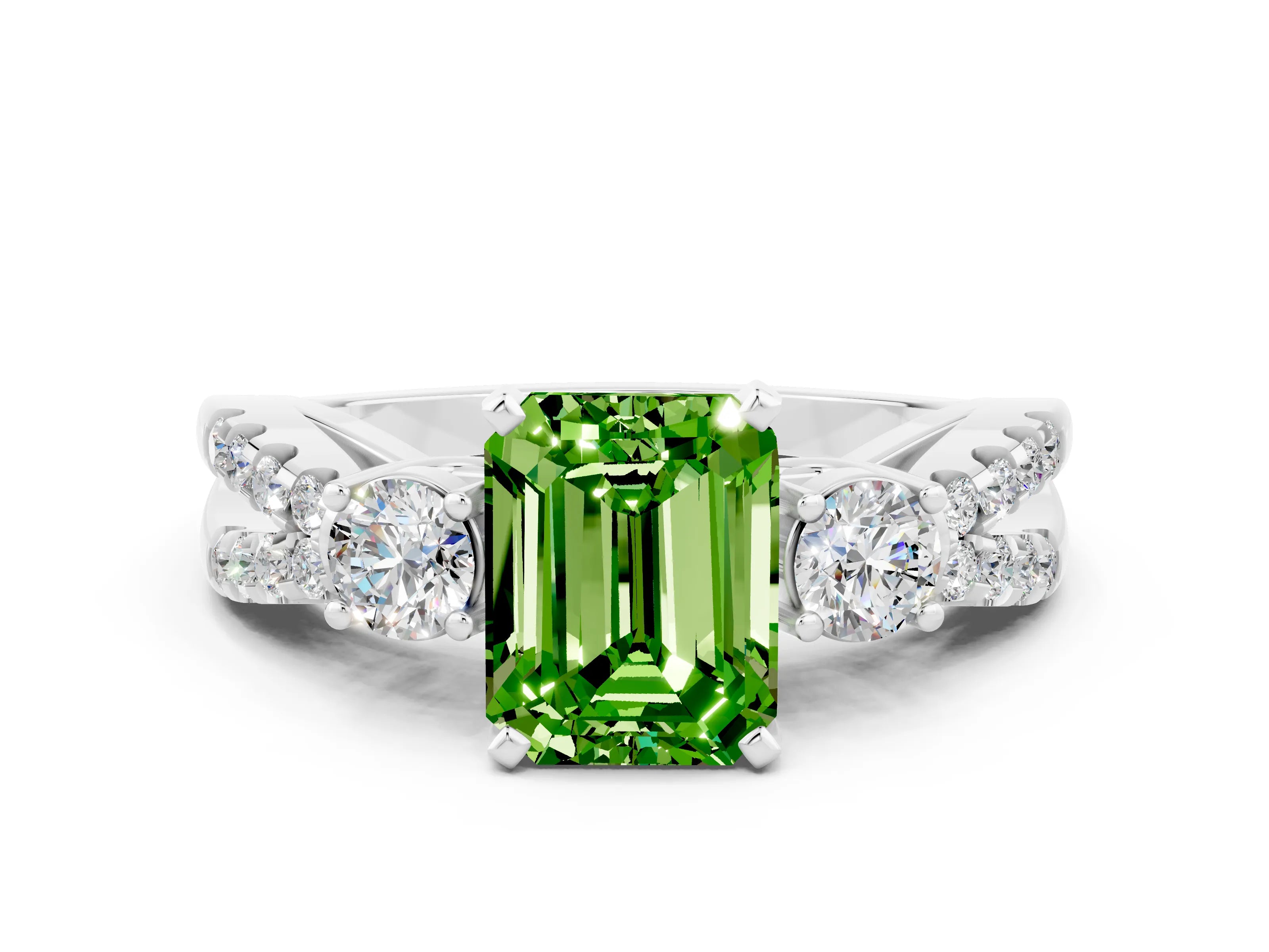 White gold Emerald Cut Peridot Three-Stone Ring with Pavé Split Shank and Four-Prong Setting