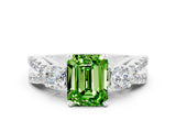 White gold Emerald Cut Peridot Three-Stone Ring with Pavé Split Shank and Four-Prong Setting